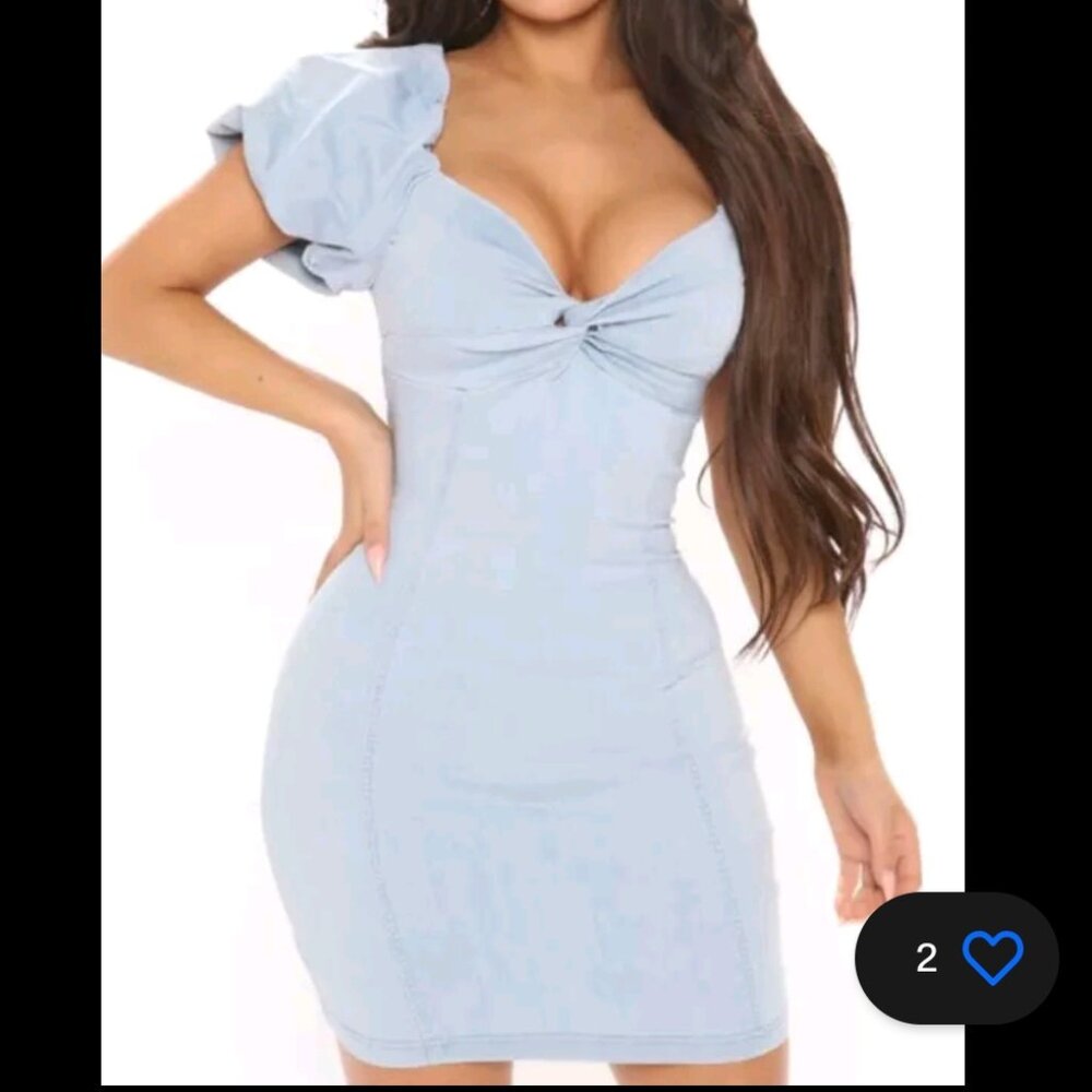 RIS Stretch Light Wash Denim Mini Dress With Puff Sleeve Size L